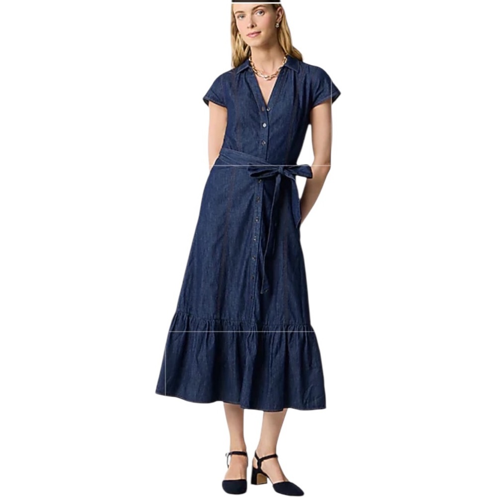 Classic Navy Button-Front Midi Dress with Waist Tie